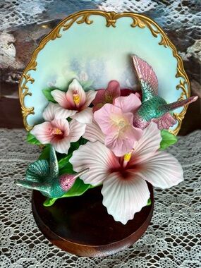 Vintage Porcelain Hummingbird & Hibiscus Floral Figurine